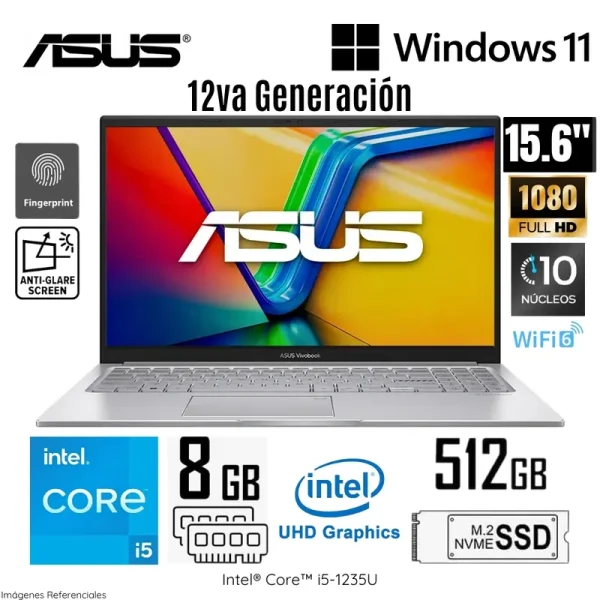 LAPTOP ASUS VIVOBOOK X1504ZA-NJ339W CORE I5 1235U 8GB RAM, 512GB SSD, 15.6" FHD, COLOR PLATEADO