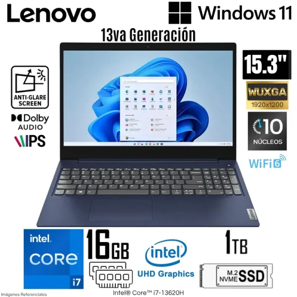 LAPTOP LENOVO IDEAPAD SLIM 3 15IRH10, 15.3" WUXGA IPS, CORE I7-13620H 2.4/4.9GHz, 16GB RAM, 1TB ALMACENAMIENTO, COLOR AZUL