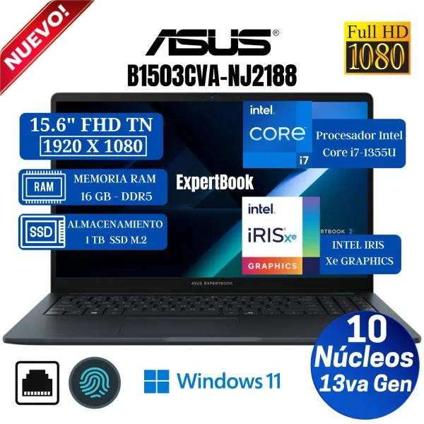 LAPTOPS ASUS EXPERTBOOK B1503VA-NJ2188, 15.6" FHD TN, CORE I7-1335U, 16GB RAM, 1TB ALMACENAMIENTO, WINDOWS 11