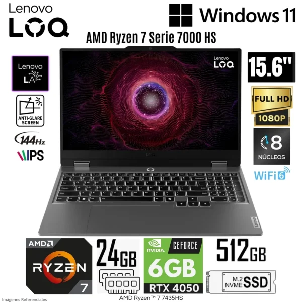LAPTOP LENOVO LOQ 15ARP9, 15.6" FHD IPS, AMD RYZEN 7-7435HS, 4.5GHz, 24GB DDR5-4800