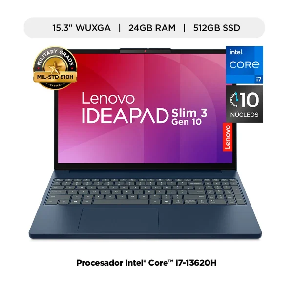 LAPTOP LENOVO IDEAPAD SLIM 3 15IRH10, 15.3″ WUXGA IPS, CORE I7-13620H 2.4/4.9GHz, 24GB RAM, 512 GB ALMACENAMIENTO, COLOR AZUL