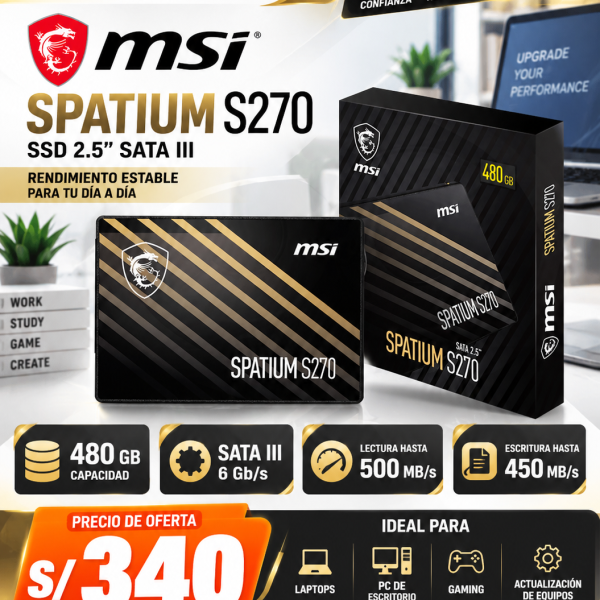 Disco Sólido SSD MSI Spatium S270 480GB 2.5 SATA III