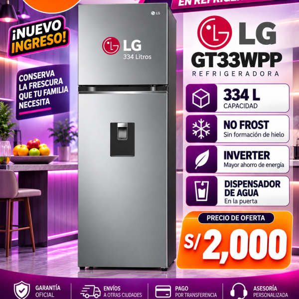 REFRIGERADORA LG GT33WPP 334 LITROS DOOR COOLING TOP MOUNT PLATEADA