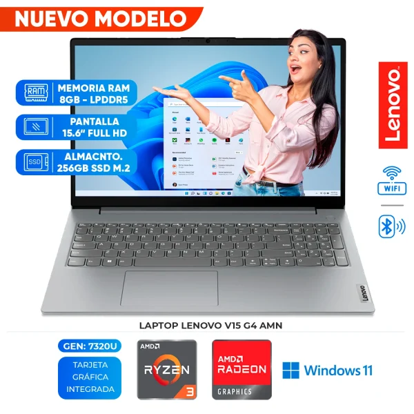 LAPTOP LENOVO V15 G4 AMN 15.6" FHD TN, AMD RYZEN 3 7320U, 2.4GHz / 4.1GHz, 8GB LPDDR5-4800MHz, 256GB NVMe