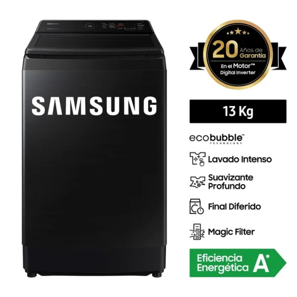 LAVADORA SAMSUNG CARGA SUPERIOR 13 KG ECOBUBBLE WA13CG5441BVPE NEGRO