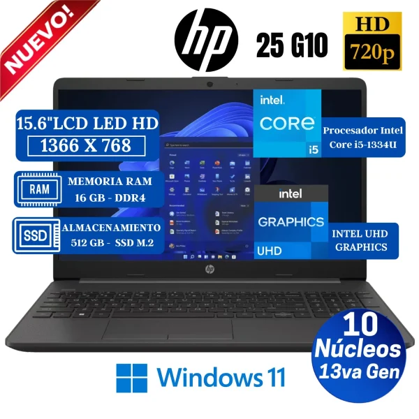 LAPTOP HP 250 G10, 15.6" LCD LED HD SVA, CORE i5-1334U, 1.30-4.60GHz, 16GB DDR4-3200MHz, 512 SSD NVMe