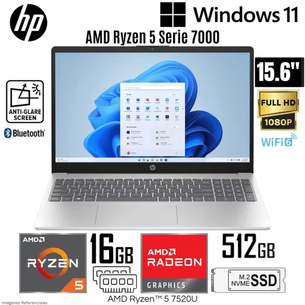 LAPTOP HP 15-fc0256la, 15.6" FHD, AMD RYZEN 5 7520U, AMD Radeon Graphics, RAM 16GB, 512GB SSD PCIe NVMe M.2