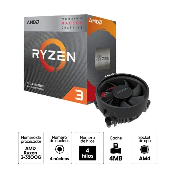 PROCESADOR AMD RYZEN 3 3200G, 3.60 GHz, 4MB L3, 4 CORE, AM4, 14NM, 65 W.