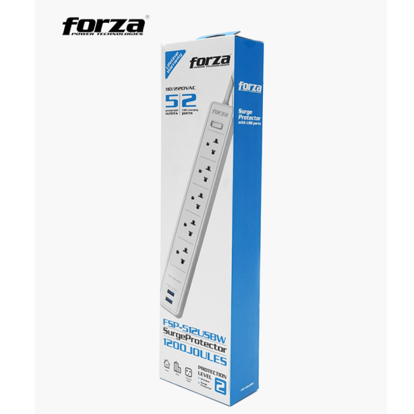 Protector tensión 1200J/1540W, 5 universales, USB/120V-240V