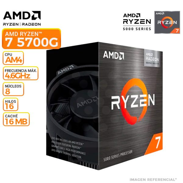 PROCESADOR AMD RYZEN 7 5700G, 3.80 / 4.60GHz, 16MB L3, 8-CORE, AM4, 7NM, 65W.