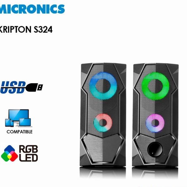 PARLANTES MICRONICS KRIPTON MIC S324 RGB, 2,5", JACK DE 3.5mm, CONEXION USB 2.0, COLOR NEGRO