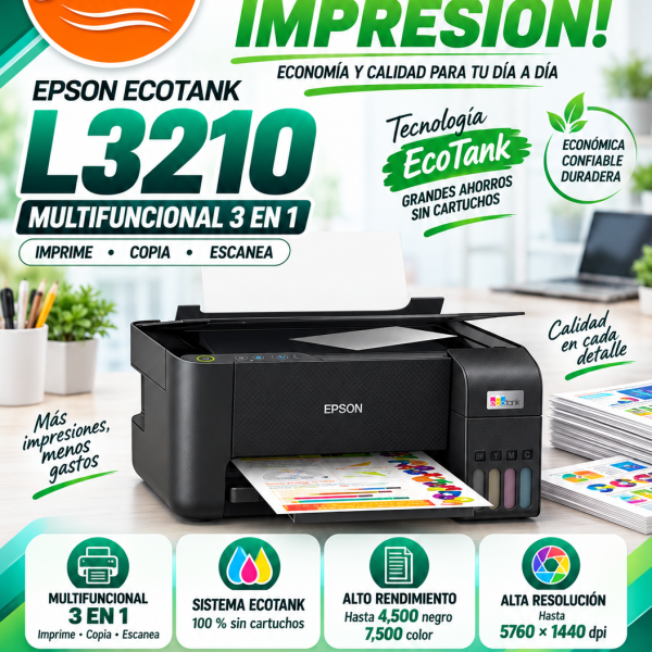 Impresora Epson EcoTank L3210,multifuncional de Tinta,Imprime / Escanea / Copia / USB