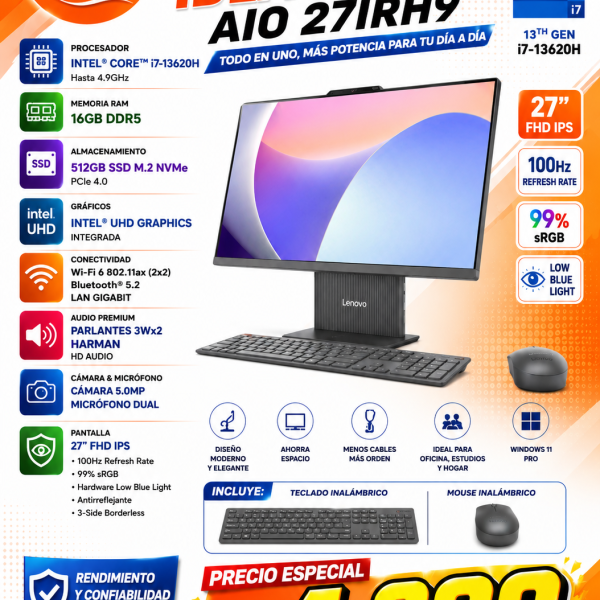 COMPUTADORA ALL-IN-ONE LENOVO IDEA CENTRE  AIO 27IRH9, CORE i7-13620H hasta 4.9GHz, 16GB RAM - 512GB SSD, 27" WIFI, BLUETOOTH, CAMARA WEB.