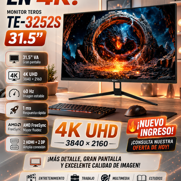 MONITOR PLANO TEROS TE-3252S, 31.5" 4K UHD VA LED, 60 Hz, 1 ms, HDMI, DP, Audio