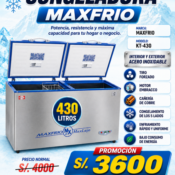 CONGELADORA MAXFRIO KT-430 TIRO FORZADO , INTERIOR Y EXTERIOR ACERO INOXIDABLE, MOTOR EMBRACCO, CAÑERIA DE COBRE