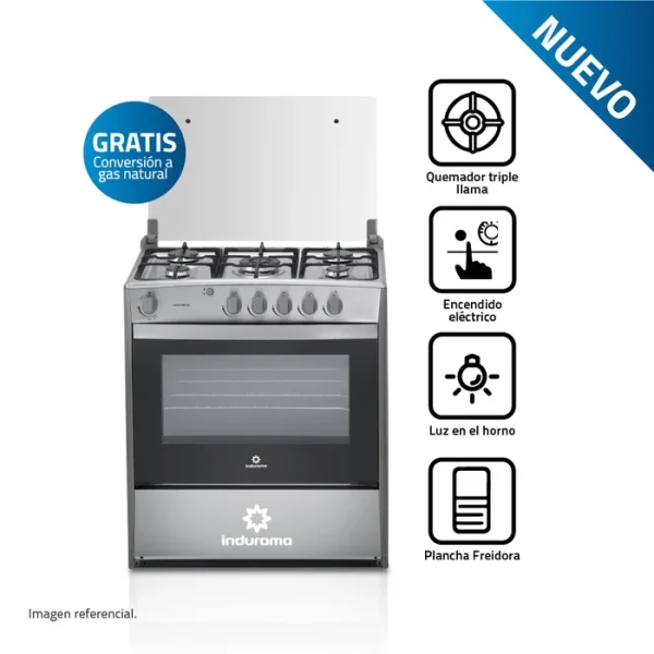 COCINA INDURAMA CANTABRIA 5 HORNILLAS CROMA CON QUEMADOR TRIPLE LLAMA, ENCENDIDO ELECTRICO