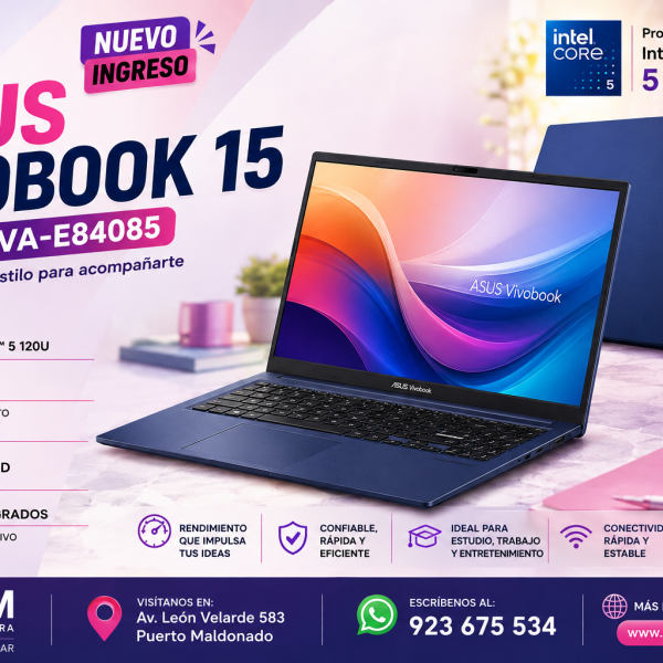 LAPTOP ASUS VIVOBOOK X1504VA-E84085, INTEL CORE 5 120U, 16RAM, 512SSD, 15.6 FHD TACTIL