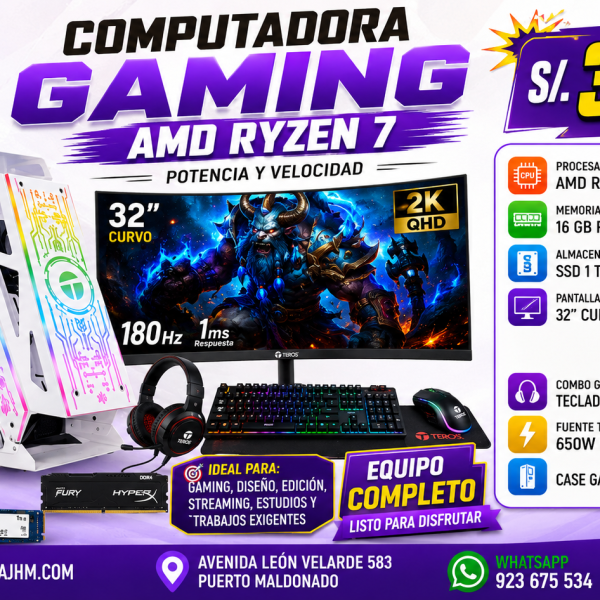 COMPUTADORA GAMING AMD RYZEN 7 5TH, 16GB RAM , SSD 1TB , Wi-Fi , Bluetooth, ALTO RENDIMIENTO