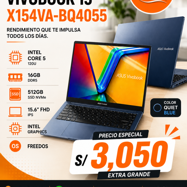 LAPTOP ASUS VIVOBOOK X154VA- BQ4055, INTEL CORE 5,16GB, 512GB, 16FHD