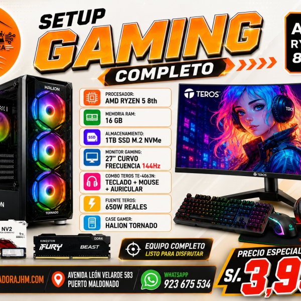 COMPUTADORA GAMING AMD RYZEN 5 8th, MONITOR GAMING 27" CURVO,16RAM, SSD 1TB,