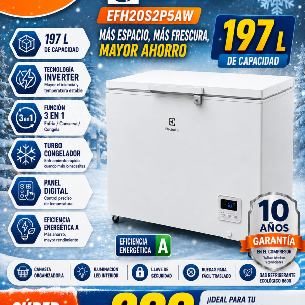 CONGELADORA ELECTROLUX EFH20S2P5AW – 197 L, TECNOLOGIA INVERTER , FUNCION 3 EN 1, FUNCION TURBO, PANEL DIGITAL , CLASE A