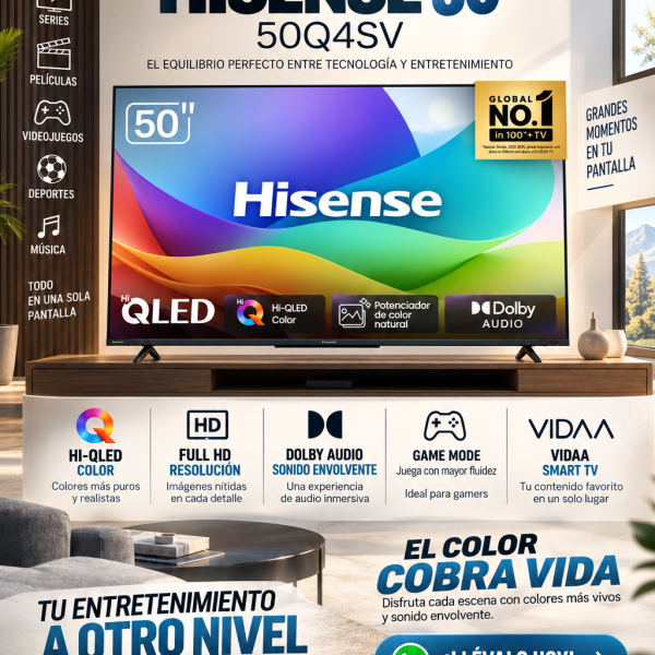 TELEVISOR HISENSE 50" 50Q4SV , FULL HD, SMART TV,QLED,HDR10 ,USB,