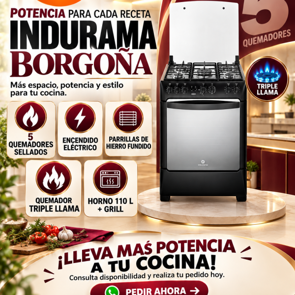 COCINA INDURAMA BORGOÑA CINCO HORNILLAS COLOR NEGRO