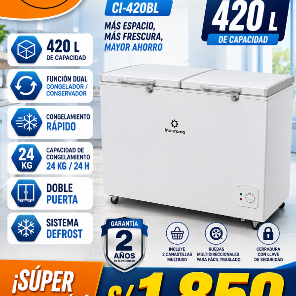 CONGELADORA INDURAMA CI-420BL  420 litros COLOR BLANCO DUAL 2 PUERTAS