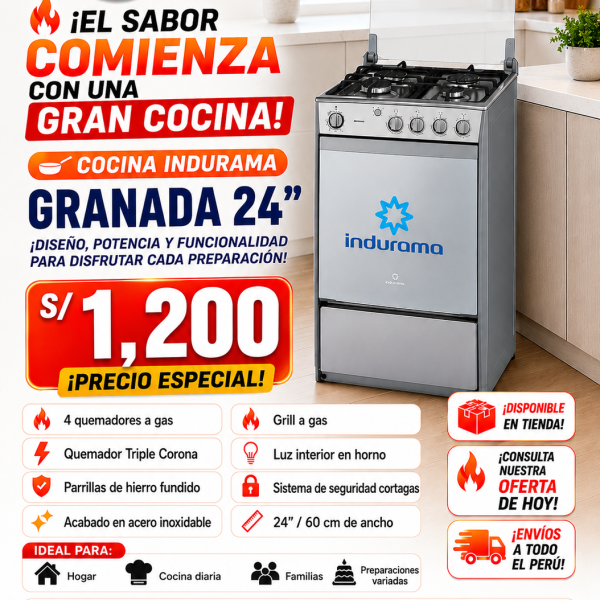 COCINA INDURAMA GRANADA 24" , 4 HORNILLAS, 1 QUEMADOR, 1 TRIPLE LLAMA