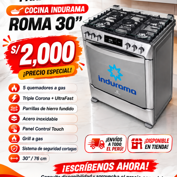 COCINA INDURAMA ROMA 30" 5HORNILLAS, 1TRIPLE LLAMA , PANEL DIJITAL