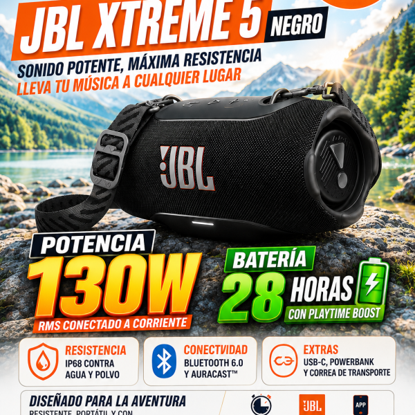 PARLANTE  JBL  XTREME 5 ,130W, 28 HORAS,COLOR NEGRO