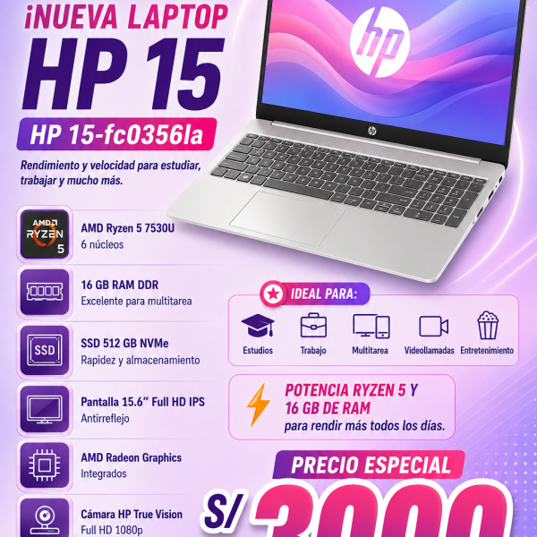 LAPTOP HP 15-FCO356LA RYZEN 5, 16GB, 512GB, 15.6