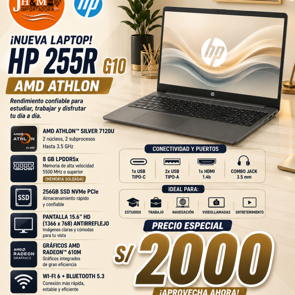LAPTOP HP 255R G10 AMD ATHLON- SILVER 7120U, 8GB, 256GB, 15.6