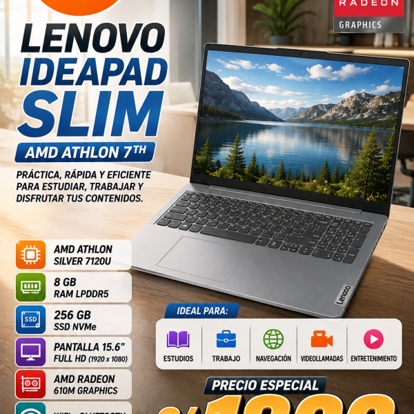LAPTOP LENOVO IDEAPAD SLIM AMD ATHLON 7TH, 8GB, 256SSD, 15.6 FHD