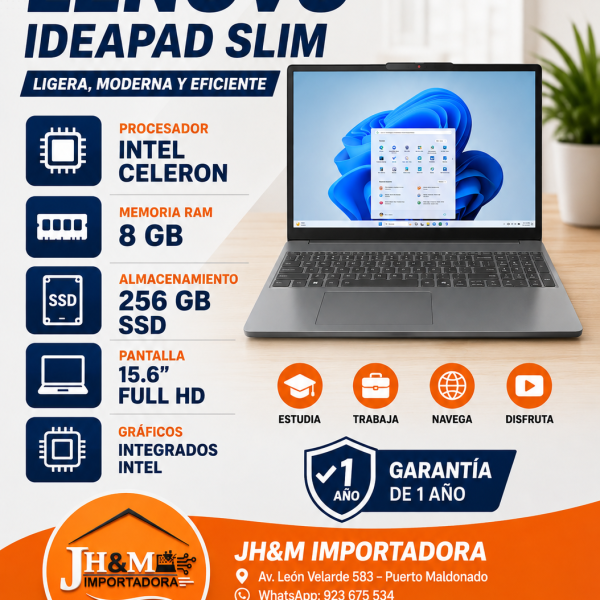 LAPTOP LENOVO IDEAPAD SLIM INTEL CELERON, 8RAM, 256SSD, 15.6FHD
