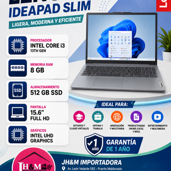 LAPTOP LENOVO IDEAPAD SLIM INTEL CORE i3 13TH, 8RAM, 512SSD, 15.6 FHD