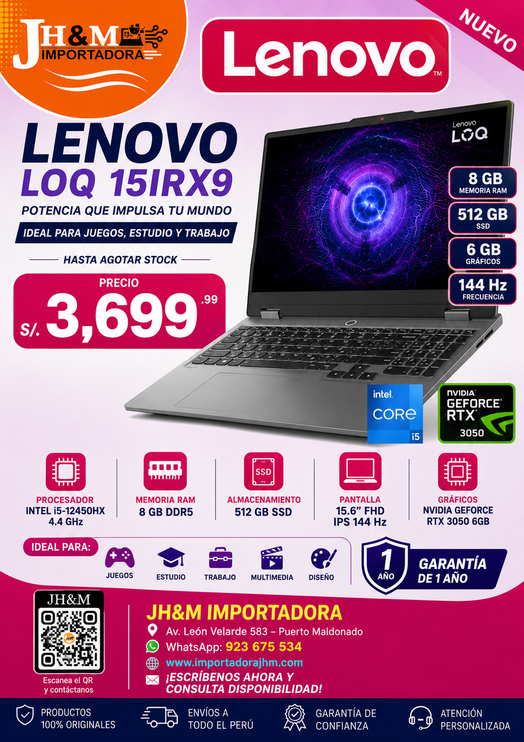 LENOVO LOQ 15IRX9, INTEL i5-12450HX 4.4GHZ, 8RAM