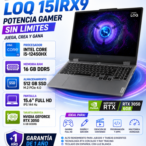 LAPTOP LENOVO LOQ 15IRX9, INTEL CORE i5-12450HX 4.4 GHZ, 16RAM, 512SSD, RTX3050 6GB