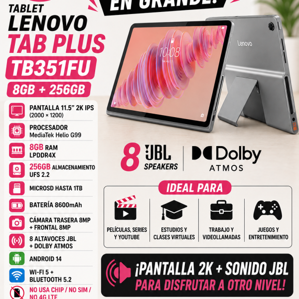 TABLET LENOVO TAB PLUS TB351FU - TABLETA 11.5' 2K IPS TÁCTIL, ANDROID 14, 8GB RAM Y 128GB