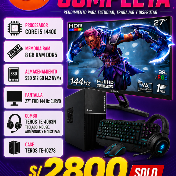 COMPUTADORA COMPLETA CORE i5 14400HX ,8 GB DE MEMORIA RAM DDR5, 512 SSD, 27" FHD 144Hz CURVO COMBO TEROS TE-4063N, CASE TEROS TE-1027S