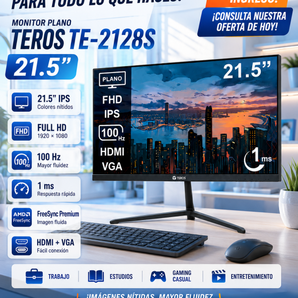 MONITOR PLANO TEROS TE-2128S 21.5" FHD IPS, 100Hz, 1ms ,HDMI VGA
