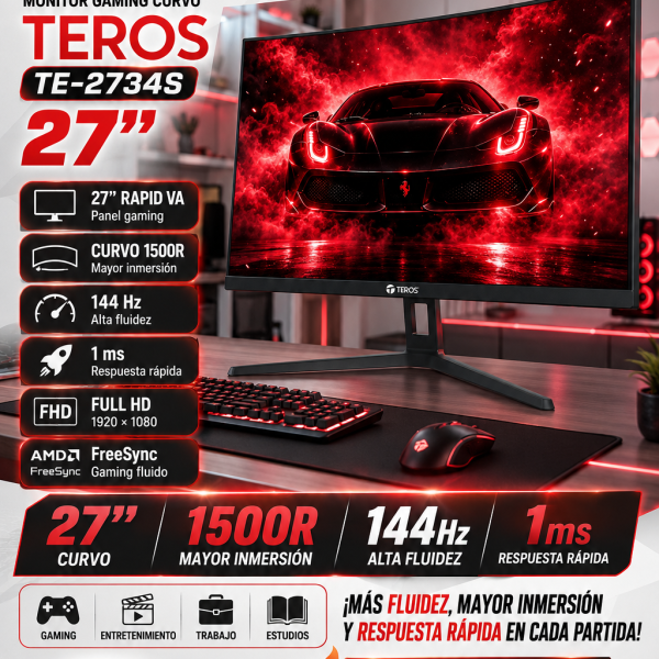 MONITOR CURVO TEROS TE-2734S ,27" FHD VA, 144HZ, 1MS, HDMI, DP, Audio out
