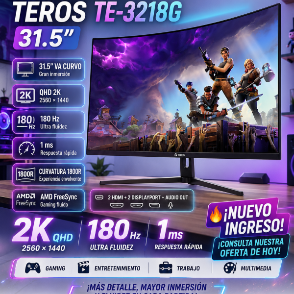 MONITOR CURVO TEROS TE-3218G, 31.5" QHD VA, 180Hz, 1ms, HDMI, DP, Audio out