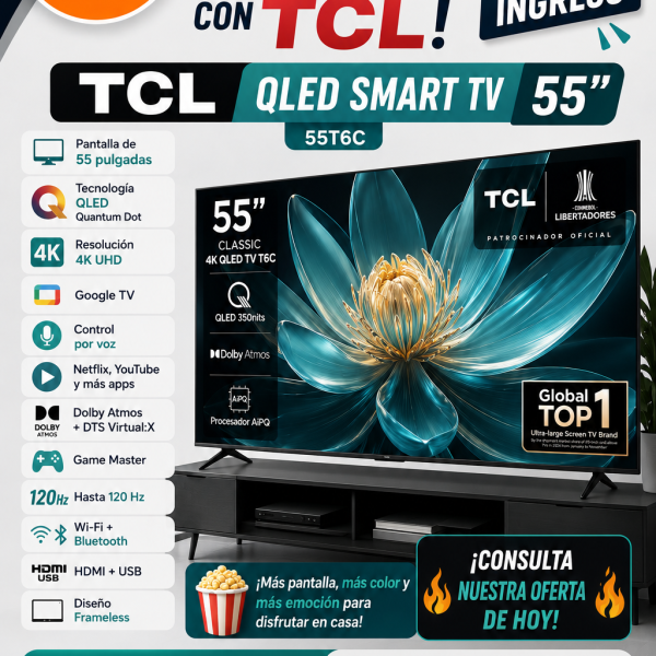 TELEVISON TCL  55 ”55T6C ,4K Ultra HD,HDR10 y Dolby Audio