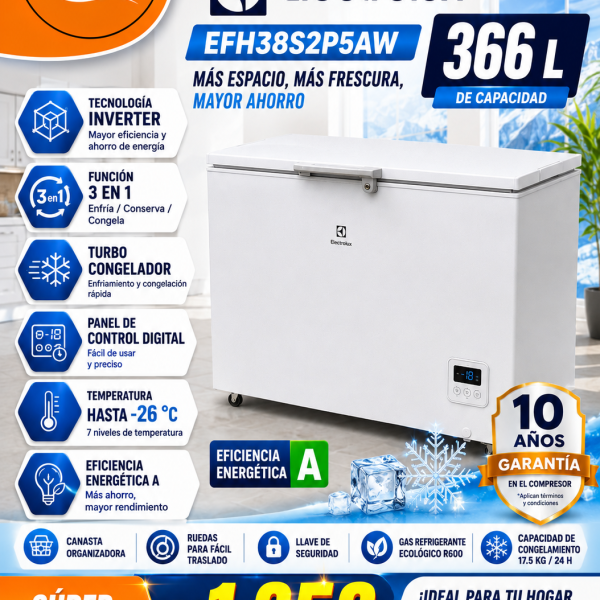 CONGELADORA ELECTROLUX EFH38S2P5AW 366 LITROS INVERTER TRIPLE ACCION MOTOR TURBO