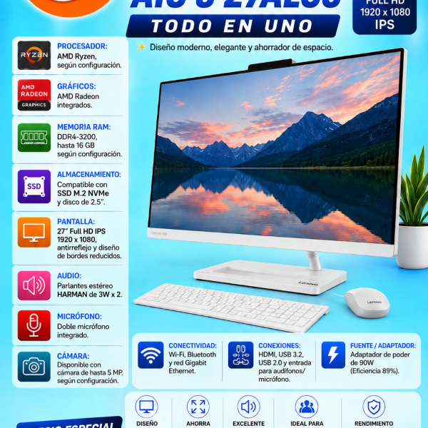 COMPUTADORA LENOVO IDEACENTRE AIO 3 27ALC6 – TODO EN UNO, AMD RYZEN 7, 16RAM, 512SSD , 27", WIFI, BLUETOOTH, CAMARA WEB,