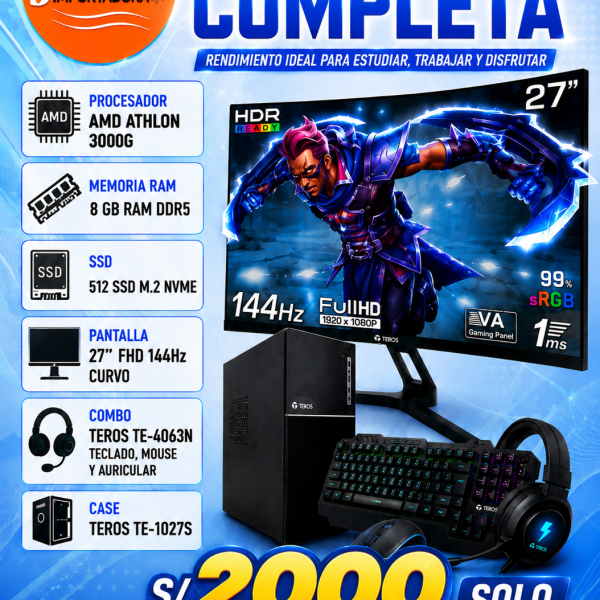 COMPUTADORA COMPLETA AMD ATHLON 3000G , CASE TEROS TE-1027S, 8 RAM, 512 SSD, 27" FHD 144Hz CURVO