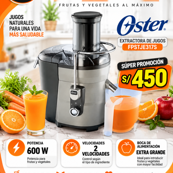 EXTRACTORA OSTER FPSTJE317S, POTENCIA 600W, 2 VELOCIDADES, BOCA DE ALIMENTACION EXTRA GRANDE