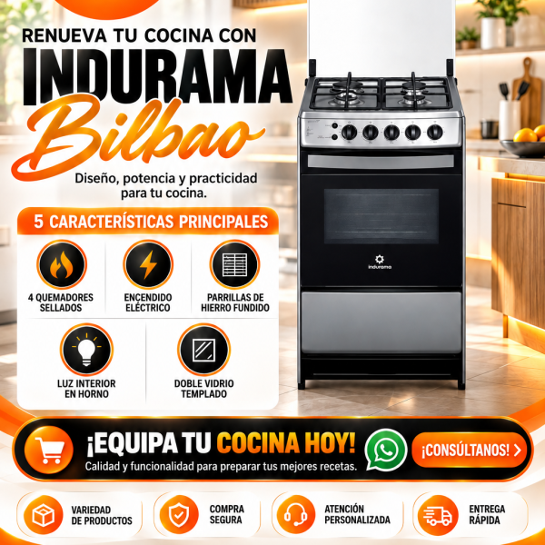 COCINA INDURAMA BILBAO , 4 HORNILLAS, TABLERO DE AXERO INOXIDABLE,ENECENDIDO ELECTRICO