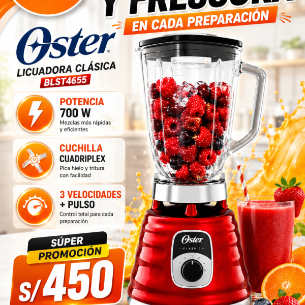LICUADORA OSTER 4655 ,POTENCIA DE 700W , 3 VELOCIDADES , CUCHILLA , COLORES ROJO, PLATA, NEGRO